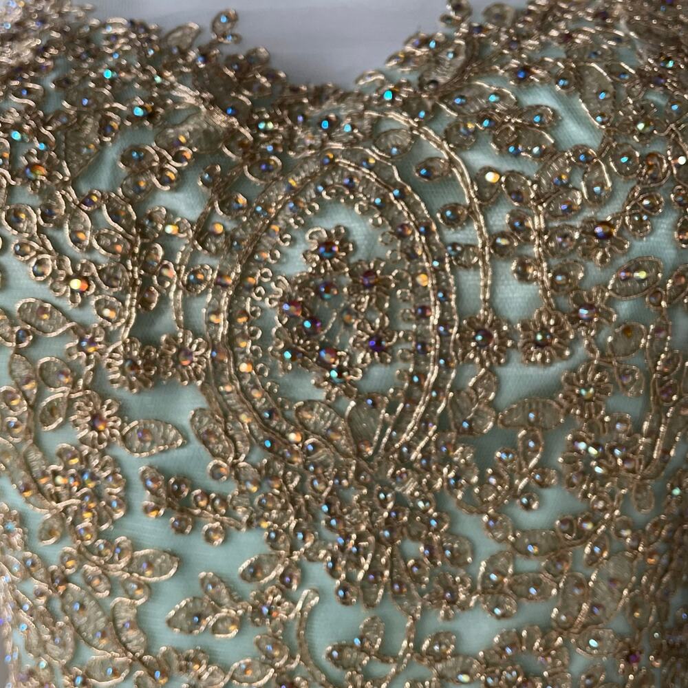 🔥Let’s Aqua Mesh Illusion Neck Gold Lace Appliqué Tulle Party Babydoll Dress - Picture 12 of 16